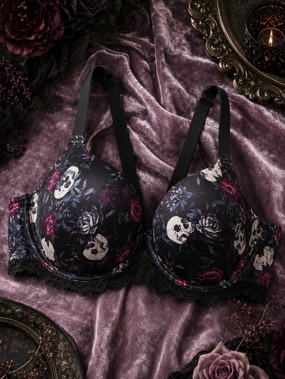 Torrid Skull Floral T-Shirt Bra 42F Goth Halloween Plus Size NWT - Picture 1 of 8